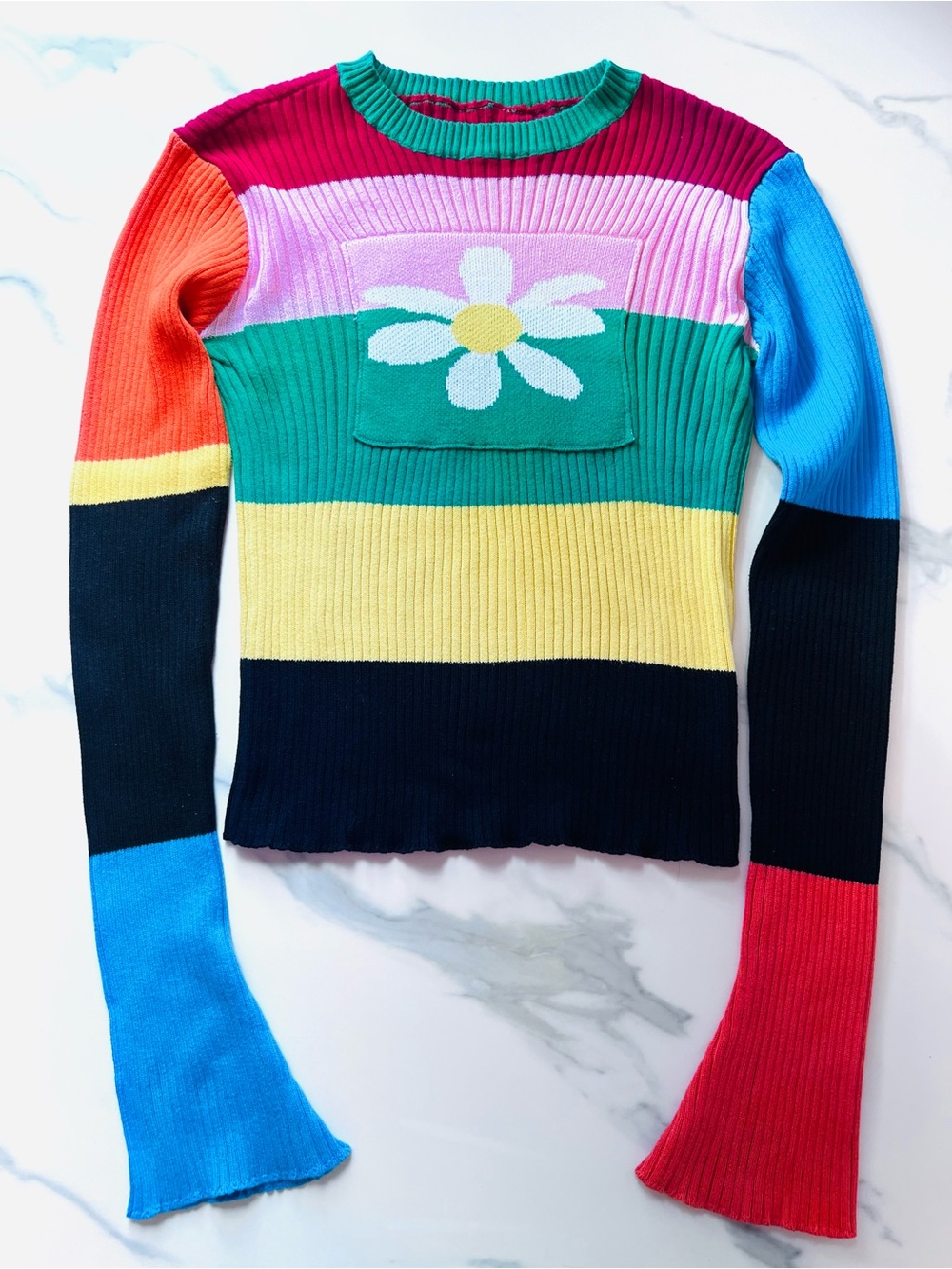 Knit Multicolor Cropped Striped Daisy Sweater Long Sleeves Size S